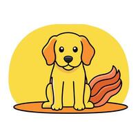 A golden retriever puppy with a short coat and floppy ears is sitting next to a plate of bacon strip vector