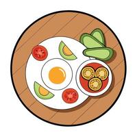 A top-down view of a delicious breakfast consisting of fried eggs. avocado. tomatoes. and garnishes vector