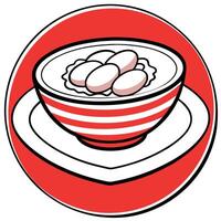 A close-up of a golden fried egg served in a vibrant red and white bowl. accompanied by a scattering vector