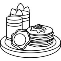From above. a breakfast spread featuring pancakes. eggs. and bacon. against a solid background. shot vector