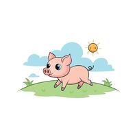 A cute baby pig running in in a meadow during the day with a beautiful skyscape a spring background vector