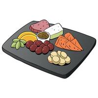 Delicious charcuterie board with fresh fruits. assorted meats. and cheese arranged on a slate platte vector
