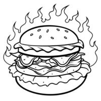 Close-up of a delicious. fiery grilled burger with lettuce. cheese. and bacon. surrounded by flames vector