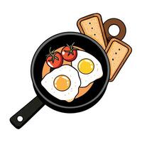 Hearty breakfast is served in a black frying pan and wooden board. fried eggs with bacon and tomatoe vector