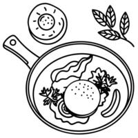 Fried egg with bacon and herbs in a frying pan on a white background with tomatoes and spicy close-u vector