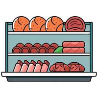 Close up of a supermarket shelf with meat. Fully loaded shelves with meat in a large supermarket.eat vector