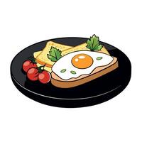 A delicious plate of scrambled eggs and crispy bacon on toast. garnished with fresh herbs and cherry vector