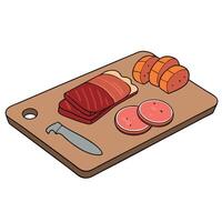 Flat lay of various sliced meat products on a cutting board. displayed on a table with room for text vector