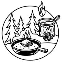 Camping breakfast with bacon and pancakes in a cast iron skillet. Fried pancakes with bacon in a pan vector