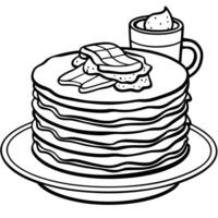A close-up of an American breakfast with fluffy pancakes stacked high. topped with butter and maple vector