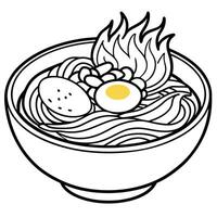 Fiery red Buldak Ramen noodles. contrasting with melted mozzarella cheese. A soft-boiled egg waits. vector