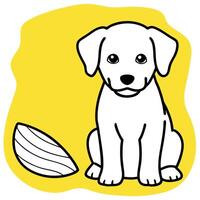 A white puppy with a short coat and floppy ears is sitting next to a plate of bacon strips . The pup vector