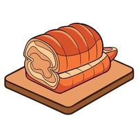A gargantuan. savory. golden-brown slab of crispy bacon-wrapped ham rests on a rustic wooden cutting vector