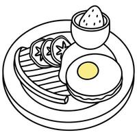 A delicious breakfast spread featuring pancakes. a sunny-side-up egg. crispy bacon. sliced avocado. vector