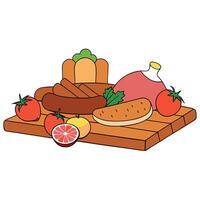 A variety of meats and vegetables are displayed on a wooden table. The meats include bacon. sausage. vector