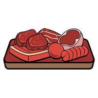 Assorted premium meat cuts. including tenderloin. ribeye. and sirloin. artfully arranged on a rustic vector