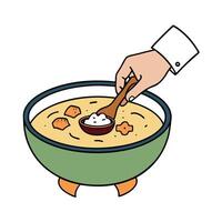 A person is garnishing a bowl of homemade soup with croutons. bacon bits. and herbs The soup appears vector