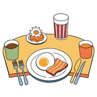 Breakfast table with fried eggs. crispy bacon. toast. coffee. and orange juice. arranged with cutler vector