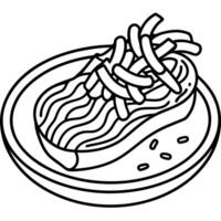 A juicy steak topped with pasta and bacon. AI. vector