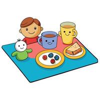 Closeup photo of a nutritious breakfast arranged on a brightly colored melamine board with children' vector