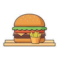Double beef burger with french fries on wooden background. Cheese beef burger with a lettuce. Burger vector