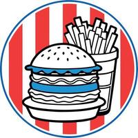 American burger. juicy and loaded with toppings. served with crispy fries on a diner table close up. vector