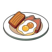 A delicious breakfast plate with bacon and eggs on toast. A white plate topped with a slice of toast vector