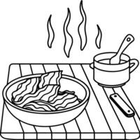 A pan with sizzling bacon strips on a wooden table. accompanied by a white napkin and bowl. capturin vector