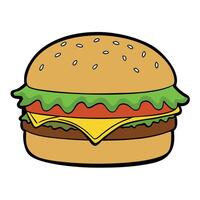 A close-up of an enormous hamburger with cheese oozing out. fresh lettuce and tomatoes on the side. vector