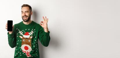 Christmas holidays and shopping concept. Confident guy winking and showing okay sign with mobile screen, standing over white background photo