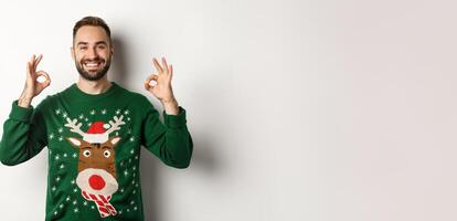 Christmas, holidays and celebration. Satisfied smiling man in green sweater showing OK signs and nodding in approval, recommending product, standing over white background photo