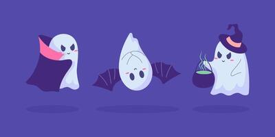 Cartoon Color Characters Ghosts Flying Phantoms with Cauldron Magical Potion Set vector