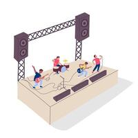 Cartoon Color Popular Band on Stage 3d Isometric View. vector
