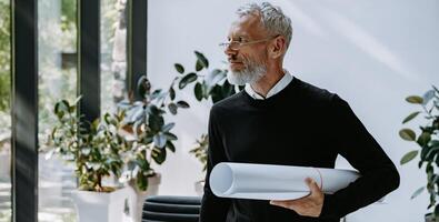 Confident mature architect carrying blueprint while standing in the creative office photo