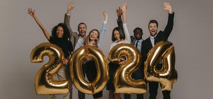 Group of joyful business people in formalwear holding 2024 numbers and gesturing on studio background photo