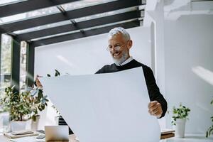 Confident mature engineer examining blueprint and smiling while standing in the creative office photo