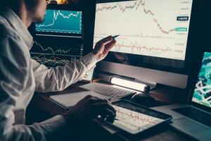 Close-up of male trader planning business strategy while pointing computer monitor in night office photo