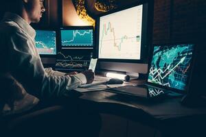 Male trader analyzing stock market data while sitting at the office workstation with multiple computers photo