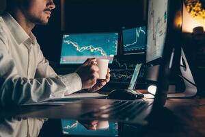 Male trader holding coffee cup while analyzing stock market data on multiple computers at night office photo