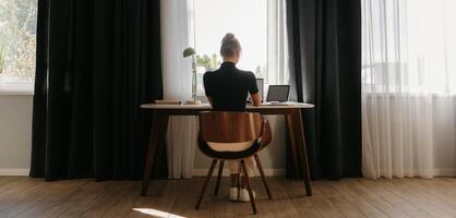 Rear view of young businesswoman working at home while sitting at the desk in front of the window photo