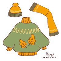 Cozy autumn clothing design featuring a warm sweater, scarf, and hat adorned with leaves in cheerful colors vector
