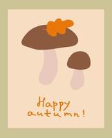 Autumn illustration featuring two mushrooms with an orange leaf in a warm, earthy color palette vector