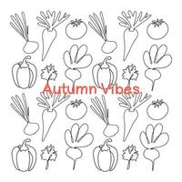 Colorful illustration of autumn fruits and vegetables in a repeating pattern showcasing carrots, tomatoes, and peppers vector