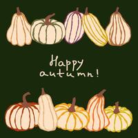 A colorful display of assorted pumpkins and gourds celebrating the autumn season with a cheerful greeting on a dark background vector