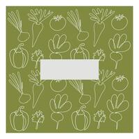 Pattern featuring hand-drawn vegetables including carrots, tomatoes, and bell peppers against a green background with a blank space for customization vector
