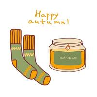 Cozy autumn greeting featuring warm socks and a scented candle in a playful illustration on a light background vector