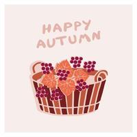 A colorful basket filled with autumn leaves and grapes displays a warm welcome to the harvest season in a cheerful design vector