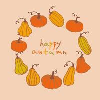 Colorful collection of pumpkins and gourds arranged in a circular pattern celebrating autumn aesthetics vector