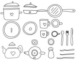 Outline set of utensils in doodle style, side and top view of kitchen utensils vector