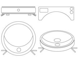 Set of contours of a robot vacuum cleaner from different angles, outline icons of home appliances vector
